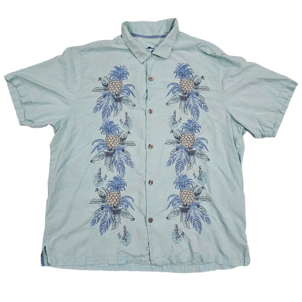 Tommy Bahama Mens XXL Aqua Blue Pineapple Embroidered Silk Button Down Shirt